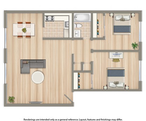 Floor plan for 2 beds, 1 bath, 795 sqft